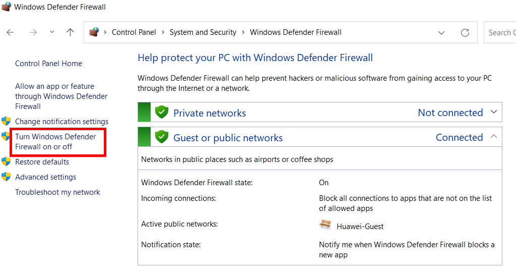 Gestion du pare-feu Windows Defender sur l'ordinateur