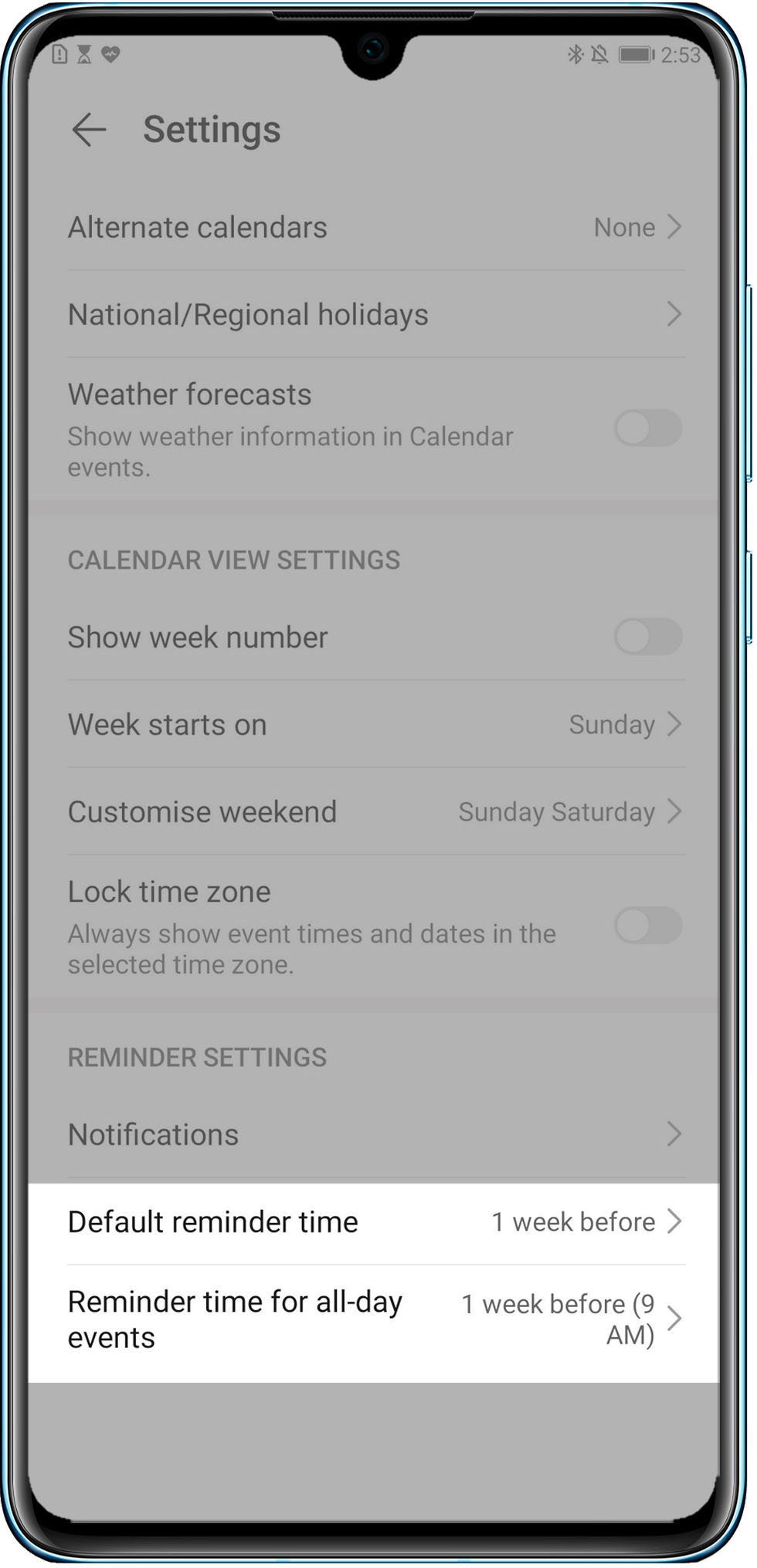 A reminder is sent one week in advance for an event in HUAWEI Calendar