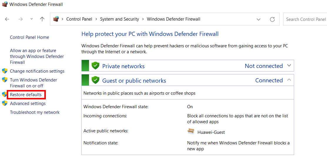 Gérer le pare-feu Windows Defender