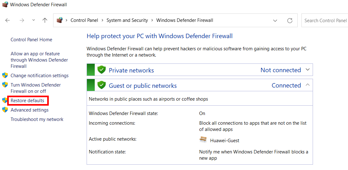 Gestion du pare-feu Windows Defender sur l'ordinateur